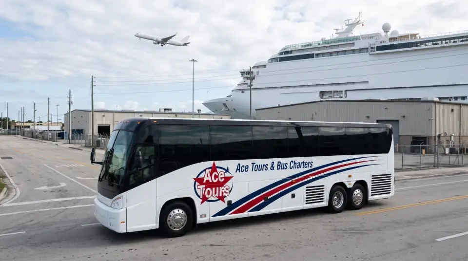 Illustration of a white Ace Tours motorcoach on a port road with a plain white jet climbing ahead and a cruise ship behind the warehouses