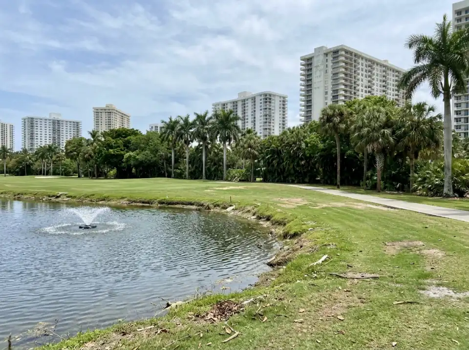 Illustration of a golf course in Aventura with a fountain pond, palms and condo towers rising beyond the trees