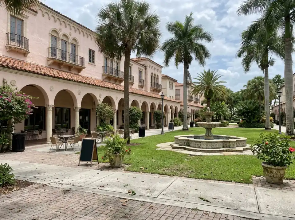 Illustration of a Mediterranean Revival plaza in downtown Boca Raton with pink stucco arcades, terracotta roofs, palms and a tiled fountain
