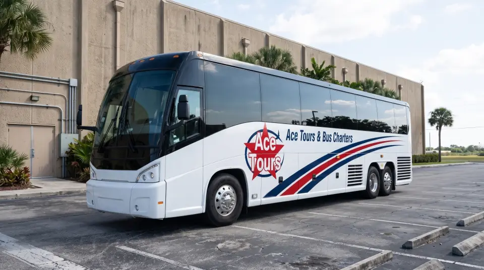 Illustration of a white Ace Tours & Bus Charters motorcoach parked beside a large plain indoor ice rink building with palms