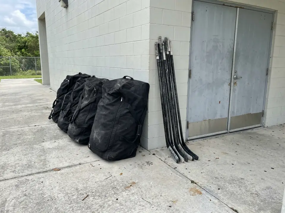 Illustration of black hockey equipment bags and a bundle of hockey sticks lined up on a sidewalk beside a metal arena door