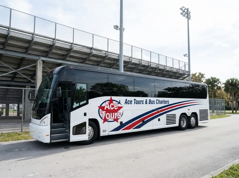 Illustration of a white Ace Tours & Bus Charters motorcoach parked beside a high school football stadium with its door open and aluminum bleachers behind