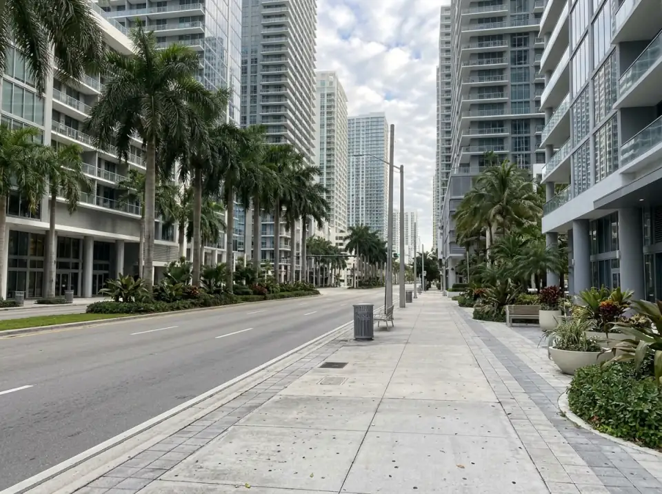 Illustration of an empty Brickell street lined with glass condo and hotel towers, palms in the median and wide sidewalks