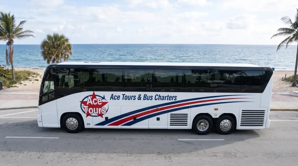 Illustration of a white Ace Tours & Bus Charters motorcoach driving along a beachfront road beside the Atlantic and palm trees, seen from a low drone angle