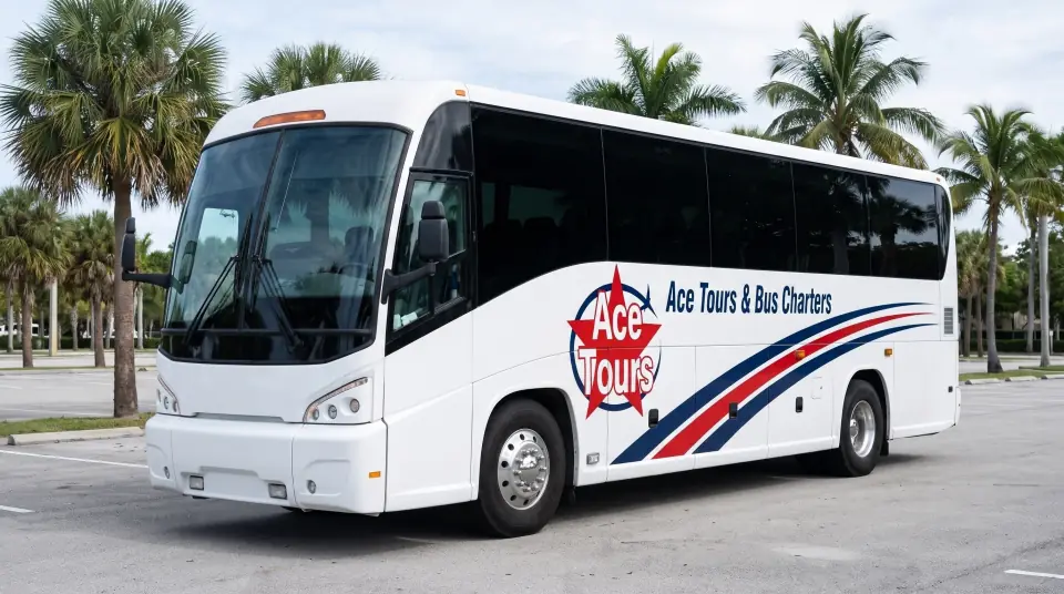 Illustration of a white Ace Tours coach parked in a clean palm-lined lot in Fort Lauderdale under a bright sky