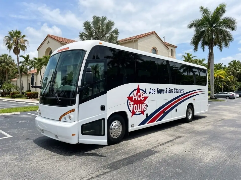 Illustration of a white Ace Tours & Bus Charters coach in a Fort Lauderdale church parking lot with palms, door open