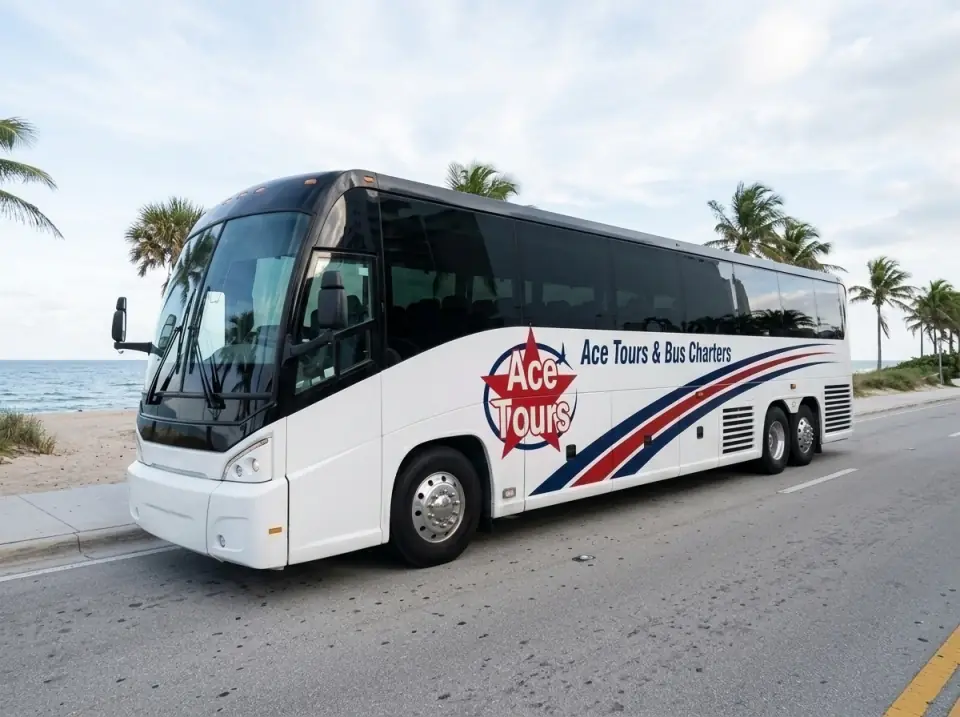 Illustration of a white Ace Tours & Bus Charters motorcoach on A1A along Fort Lauderdale beach with the ocean beyond