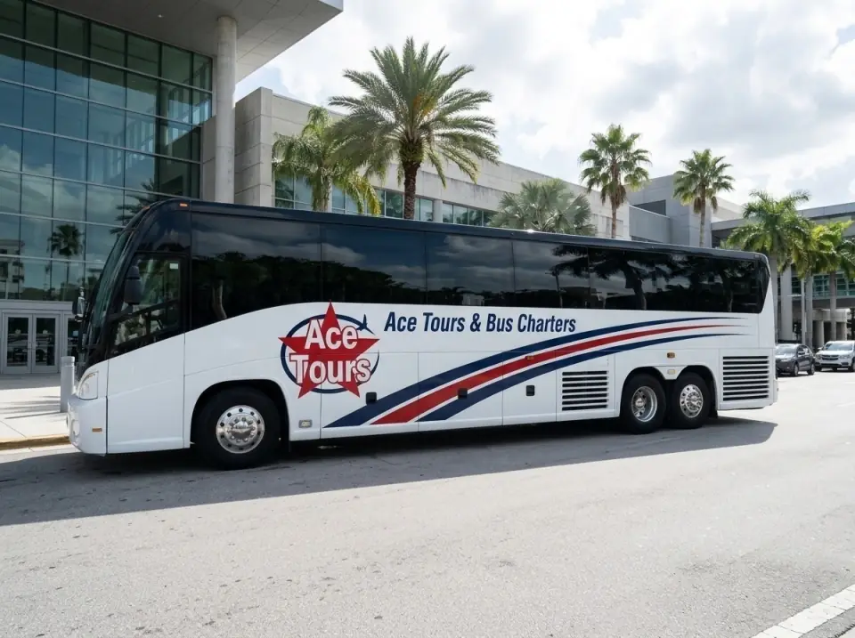 Illustration of a white Ace Tours & Bus Charters motorcoach parked in a side view at a Fort Lauderdale convention center entrance with palms