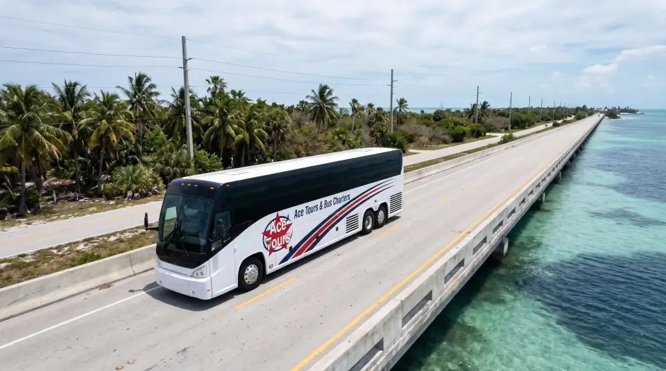 Illustration of a white Ace Tours & Bus Charters motorcoach on the Overseas Highway entering Key West along the water, palms and turquoise shallows beside the road, seen from a low drone angle