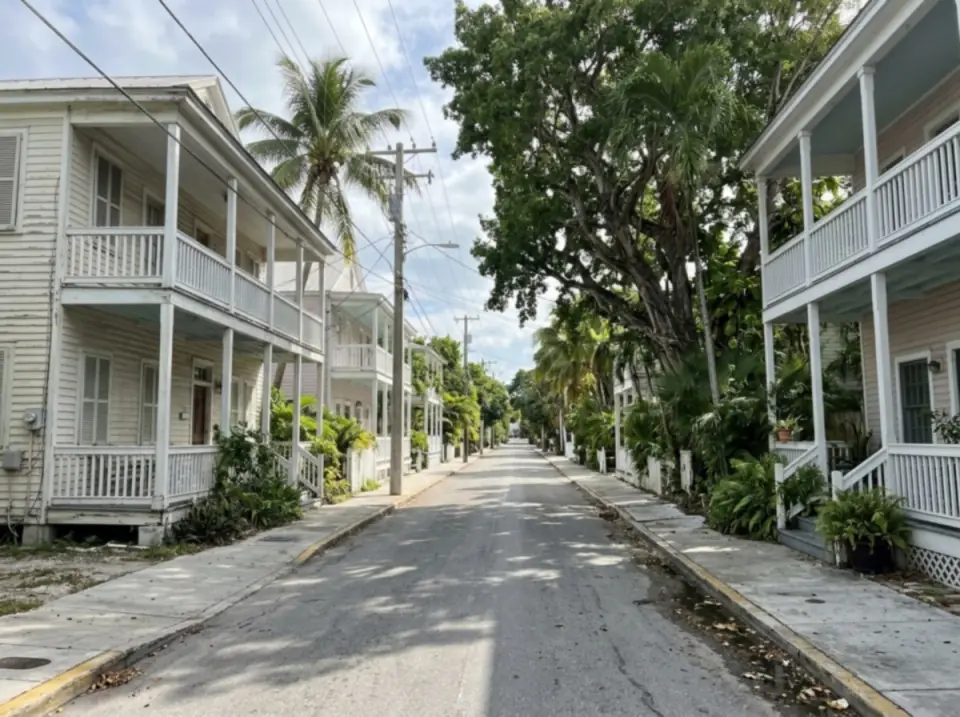 Illustration of a quiet Old Town Key West street lined with two-story wooden houses with white porches, palms and a big shade tree