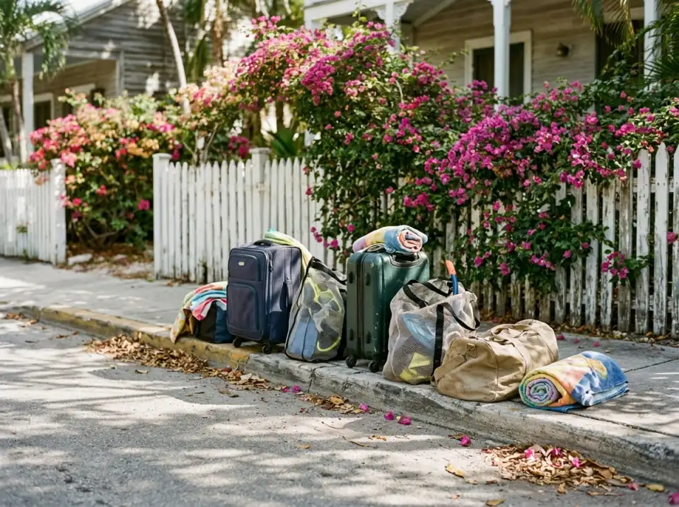 Illustration of snorkel bags, beach towels and small suitcases lined up on a sunny Key West curb beside bougainvillea