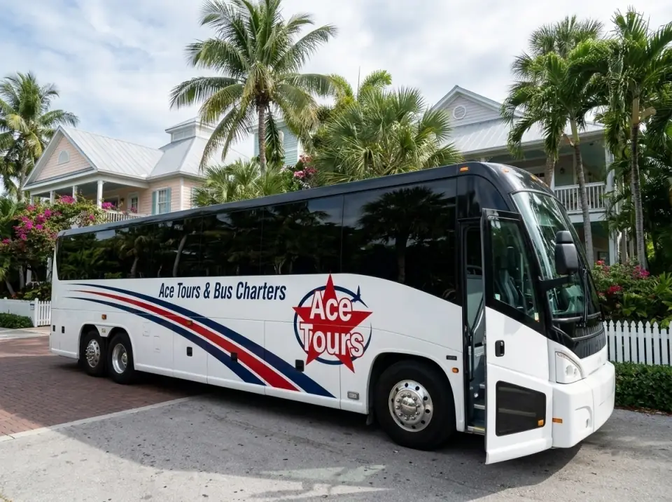 Illustration of a white Ace Tours & Bus Charters motorcoach waiting with its door open at a Key West resort entrance with palms and a white picket fence
