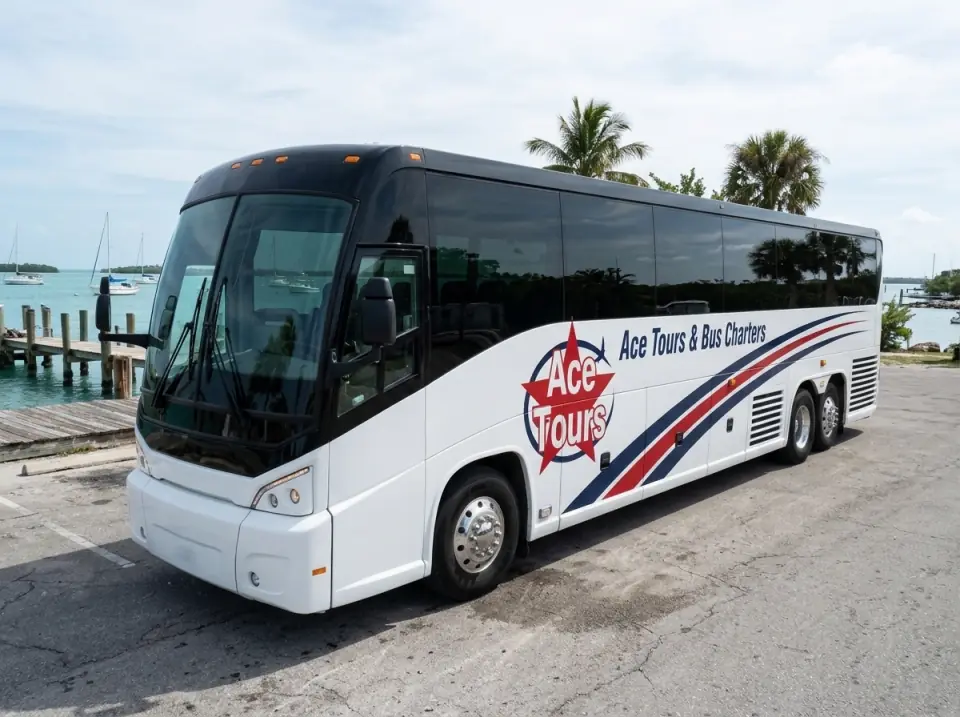 Illustration of a white Ace Tours & Bus Charters motorcoach parked near the Key West waterfront with sailboats and a wooden pier