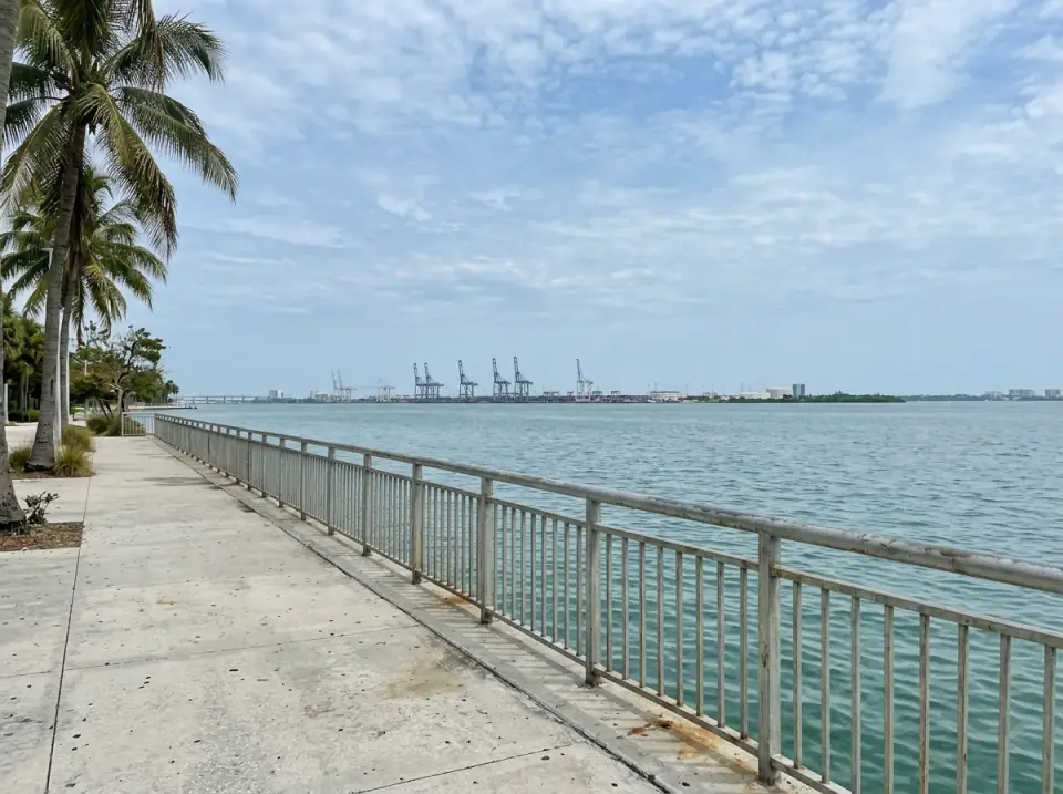 Illustration of Biscayne Bay seen from a downtown Miami bayfront promenade, with port cranes far across the water and palms by the railing