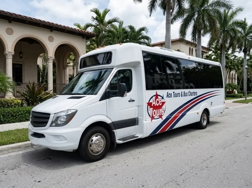 Illustration of a white Ace Tours & Bus Charters minibus parked outside a Coral Gables building with Mediterranean arches and royal palms