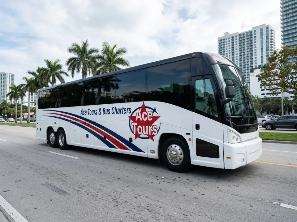 Illustration of a white Ace Tours & Bus Charters motorcoach on Biscayne Boulevard in Miami with palms in the median