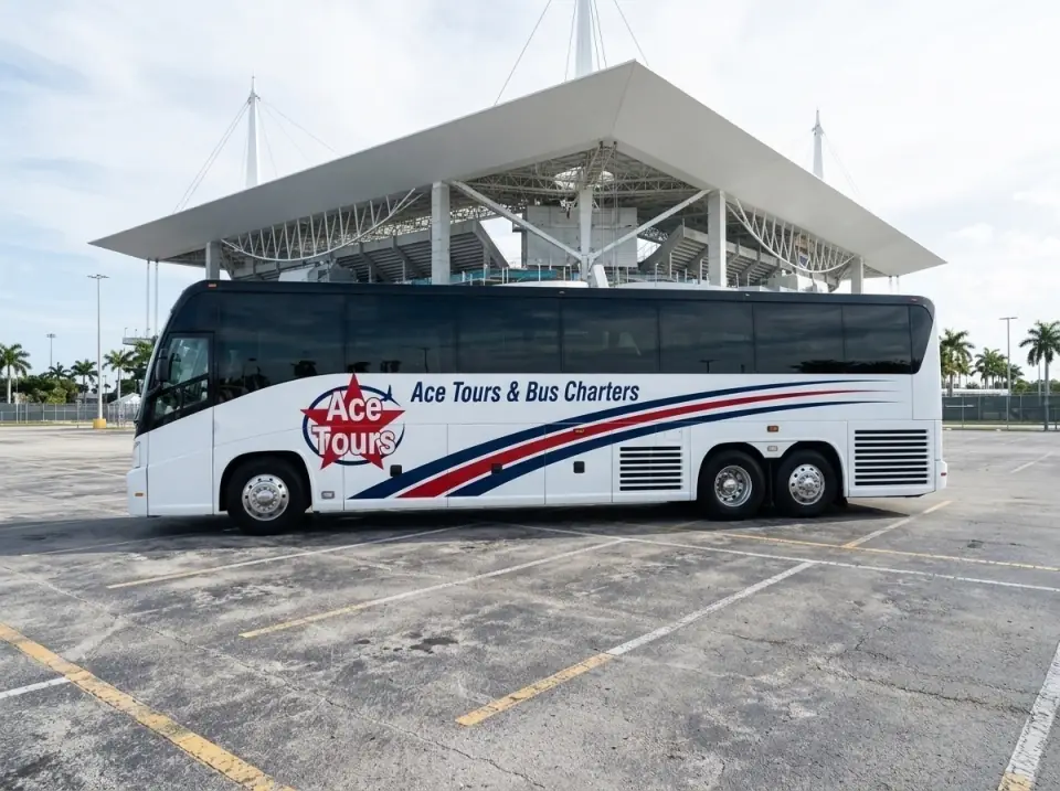 Illustration of a white Ace Tours & Bus Charters motorcoach parked in a stadium parking lot in Miami Gardens with the stadium roof in the distance