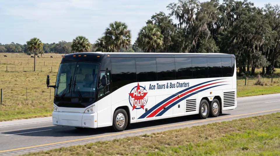 Illustration of a white Ace Tours & Bus Charters motorcoach on Florida's Turnpike through flat central Florida pasture under scattered clouds, front three-quarter view