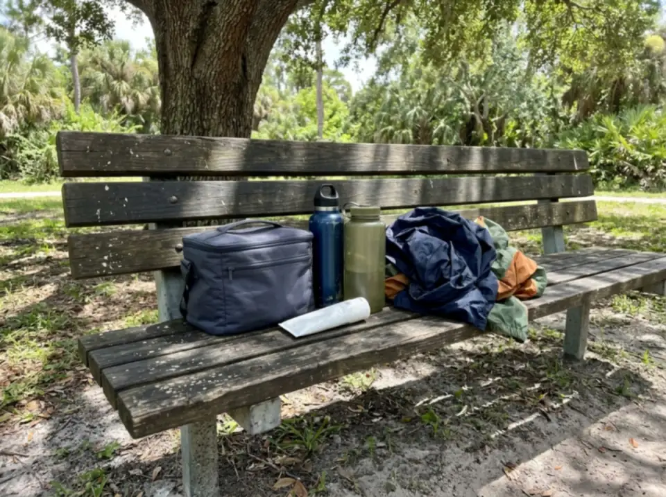 Illustration of refillable water bottles, a tube of sunscreen, folded rain jackets and a small soft cooler on a wooden bench in the shade
