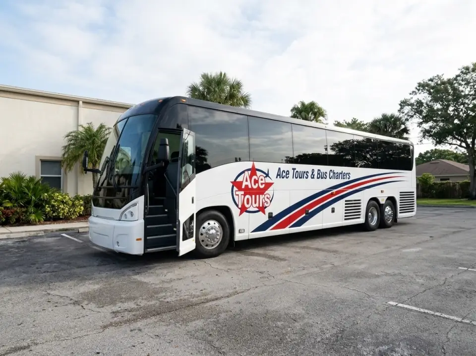 Illustration of a white Ace Tours & Bus Charters motorcoach waiting with its door open in a quiet South Florida parking lot beside a plain low building and palms