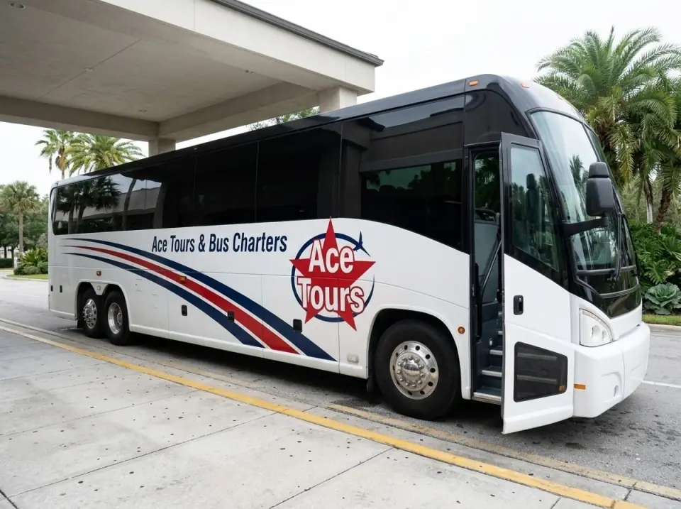 Illustration of a white Ace Tours & Bus Charters motorcoach parked at a palm-lined drop-off curb in central Florida, side view, door open