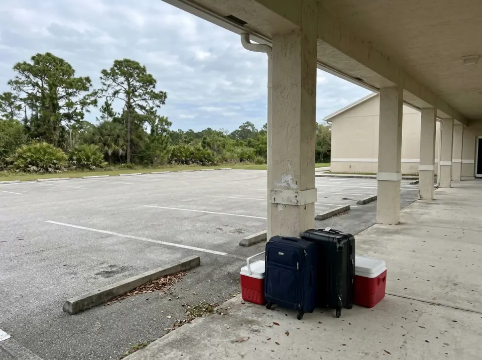 Illustration of suitcases and two coolers waiting under a covered walkway beside an empty church parking lot in Port St. Lucie, slash pines beyond