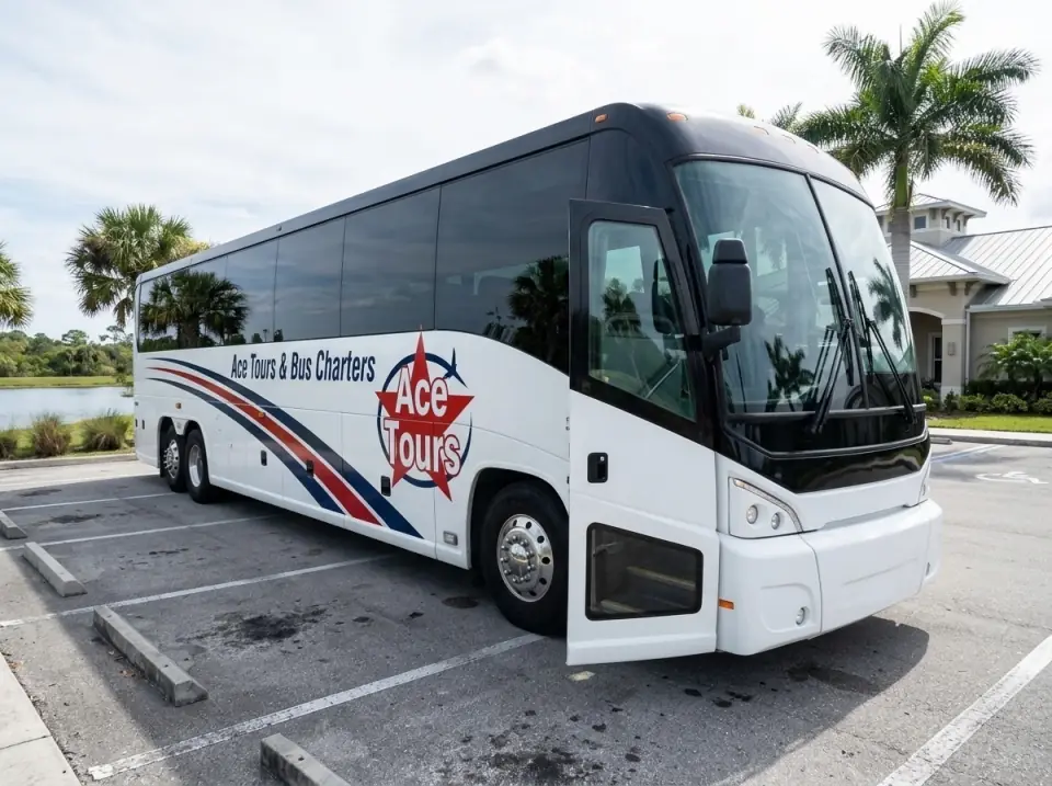Illustration of a white Ace Tours & Bus Charters motorcoach waiting with its door open in a Port St. Lucie community center parking lot beside a lake and palms