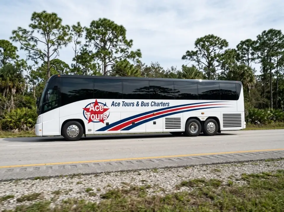 Illustration of a white Ace Tours & Bus Charters motorcoach on I-95 through flat Treasure Coast pine woods, seen from the road edge