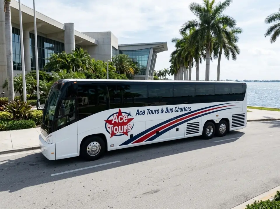 Illustration of a white Ace Tours & Bus Charters motorcoach parked beside a waterfront convention center in West Palm Beach with palms and the Intracoastal Waterway behind