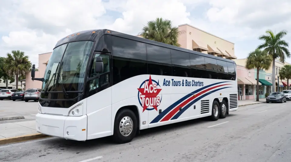 Illustration of a white Ace Tours & Bus Charters motorcoach on a street in historic downtown Stuart, Florida, with low pastel buildings, awnings and palms