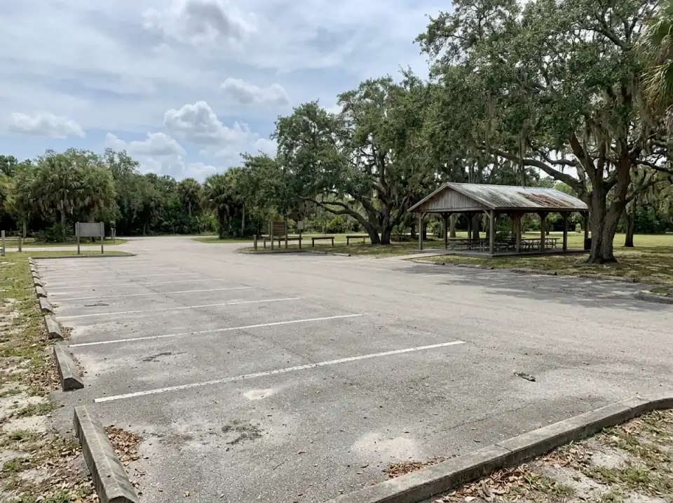 Illustration of a large, empty paved parking lot at a park in Palm City near Stuart, a picnic pavilion under big live oaks