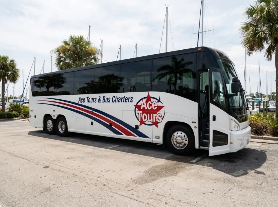 Illustration of a white Ace Tours & Bus Charters motorcoach waiting with its door open in a Stuart, Florida marina parking lot with sailboat masts and palms