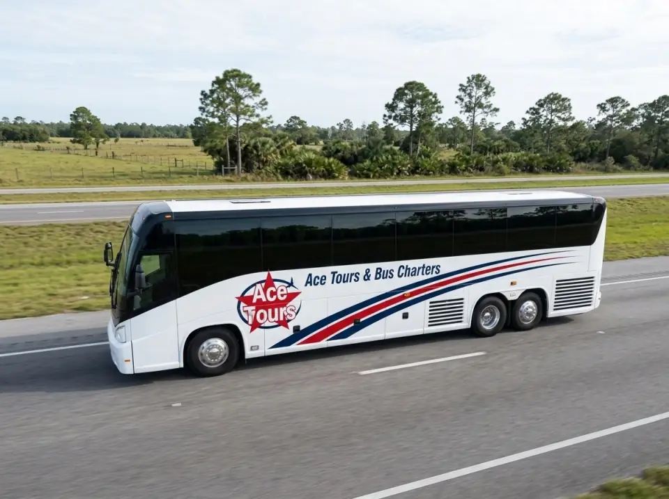 Illustration of a white Ace Tours & Bus Charters motorcoach on Florida's Turnpike through pasture and pine flatwoods, seen from a low drone angle