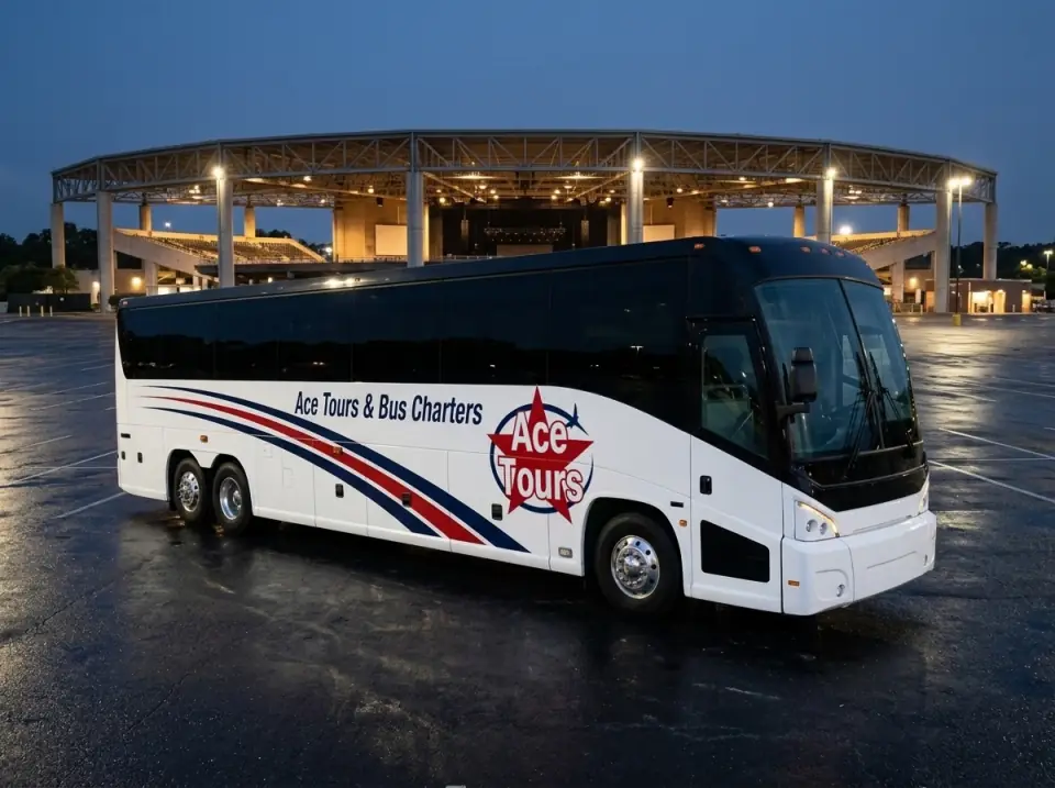Illustration of a white Ace Tours & Bus Charters motorcoach parked in a large open-air amphitheater parking lot at dusk, venue lights glowing behind