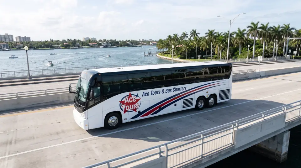 Illustration of a white Ace Tours & Bus Charters motorcoach crossing the bridge between West Palm Beach and Palm Beach, the Intracoastal Waterway and royal palms below, seen from a low drone angle