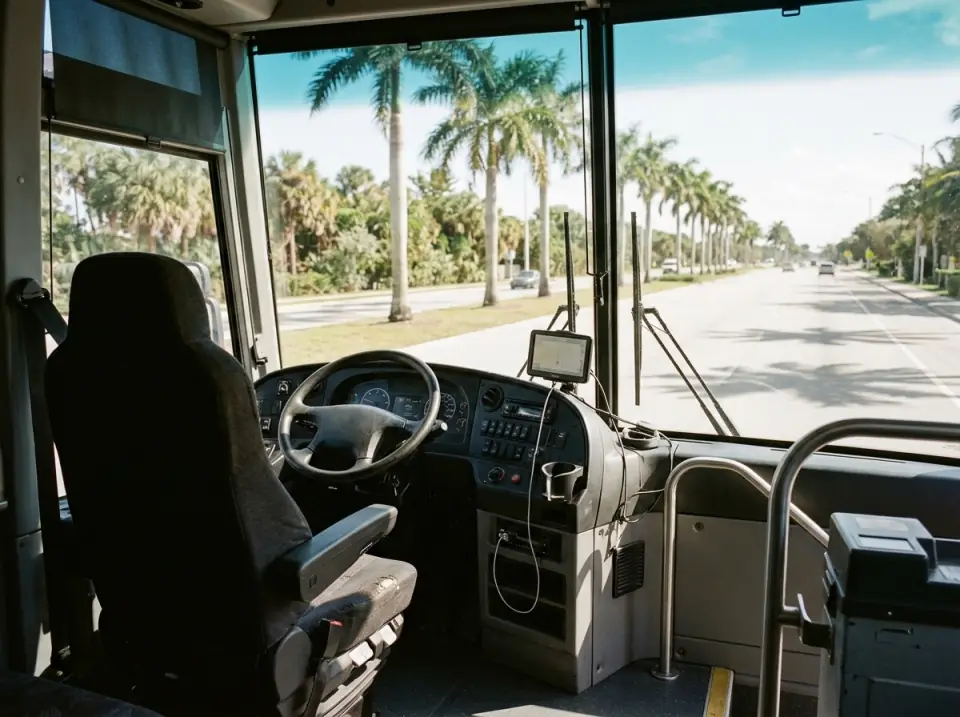 Illustration of the cockpit of a modern motorcoach seen from behind the empty driver's seat, the windshield showing a palm-lined street