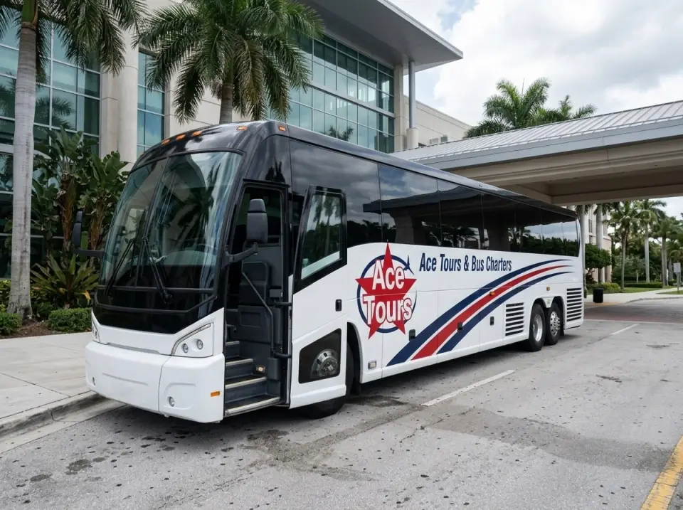 Illustration of a white Ace Tours & Bus Charters motorcoach waiting with its door open at a convention center entrance in West Palm Beach with palms and a modern facade