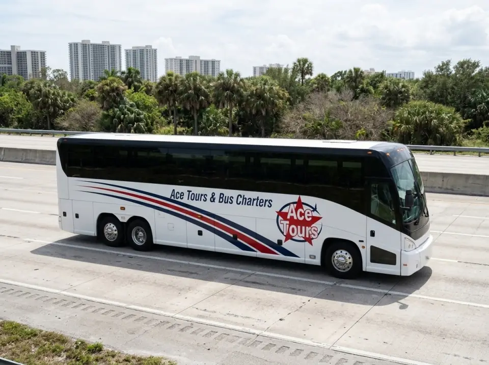 Illustration of a white Ace Tours & Bus Charters motorcoach on I-95 in Palm Beach County with high-rises in the distance, seen from the road edge