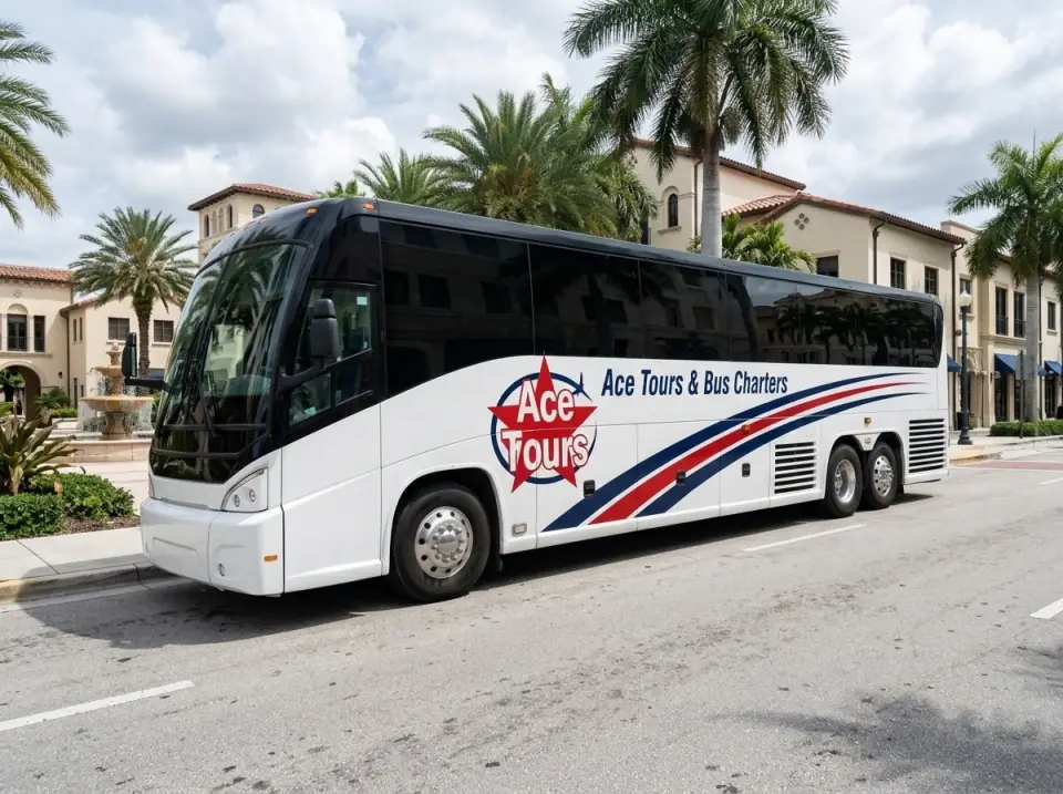 Illustration of a white Ace Tours & Bus Charters motorcoach parked at the curb on a downtown West Palm Beach street with low Mediterranean-style buildings, palms and a fountain