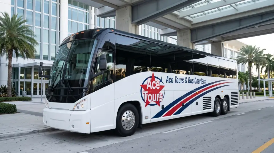 Illustration of a white Ace Tours & Bus Charters motorcoach at a covered drop-off curb in front of a large glass convention hall with palms