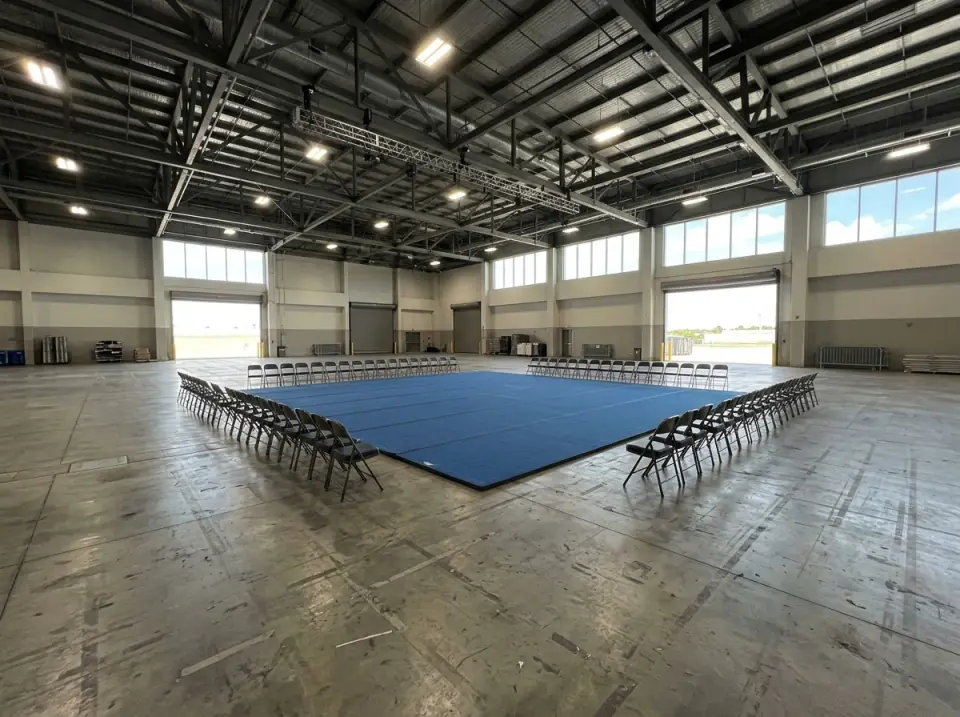 Illustration of a large empty convention hall floor with blue spring-floor panels and rows of folding chairs