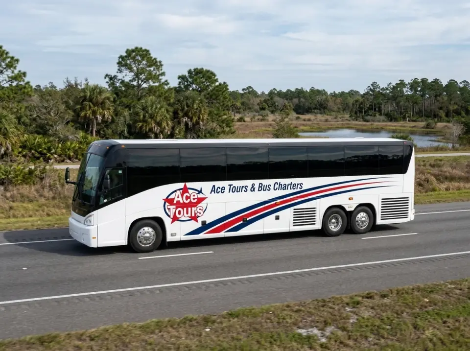 Illustration of a white Ace Tours & Bus Charters motorcoach on a wide highway through flat central Florida with small lakes and pines