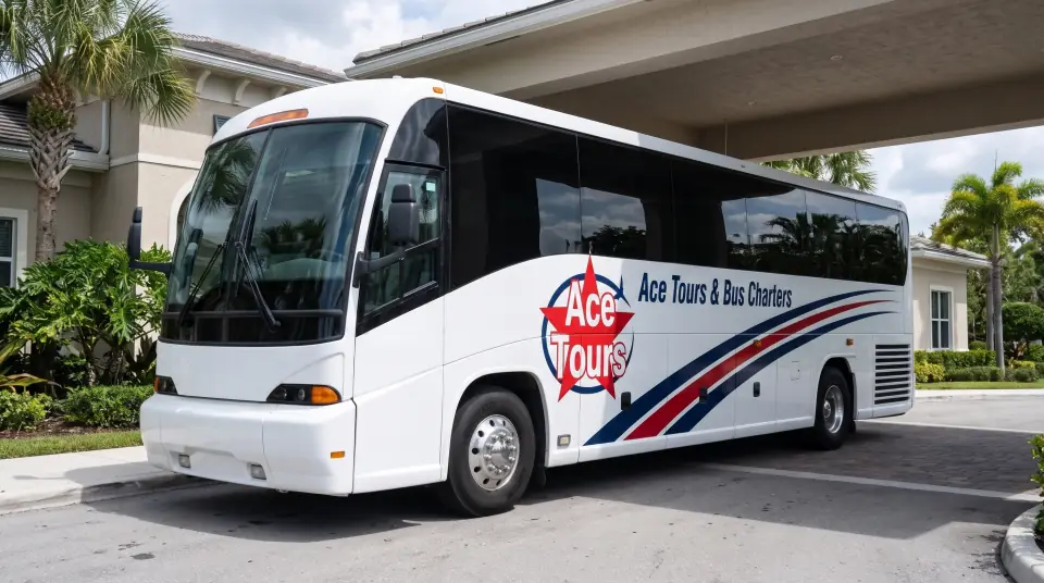 Illustration of a white Ace Tours & Bus Charters coach waiting under the covered entrance of a South Florida community center with palms