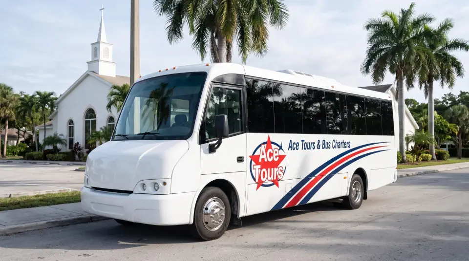 Illustration of a white Ace Tours & Bus Charters minibus parked in front of a white South Florida church with a simple steeple and royal palms on a Sunday morning