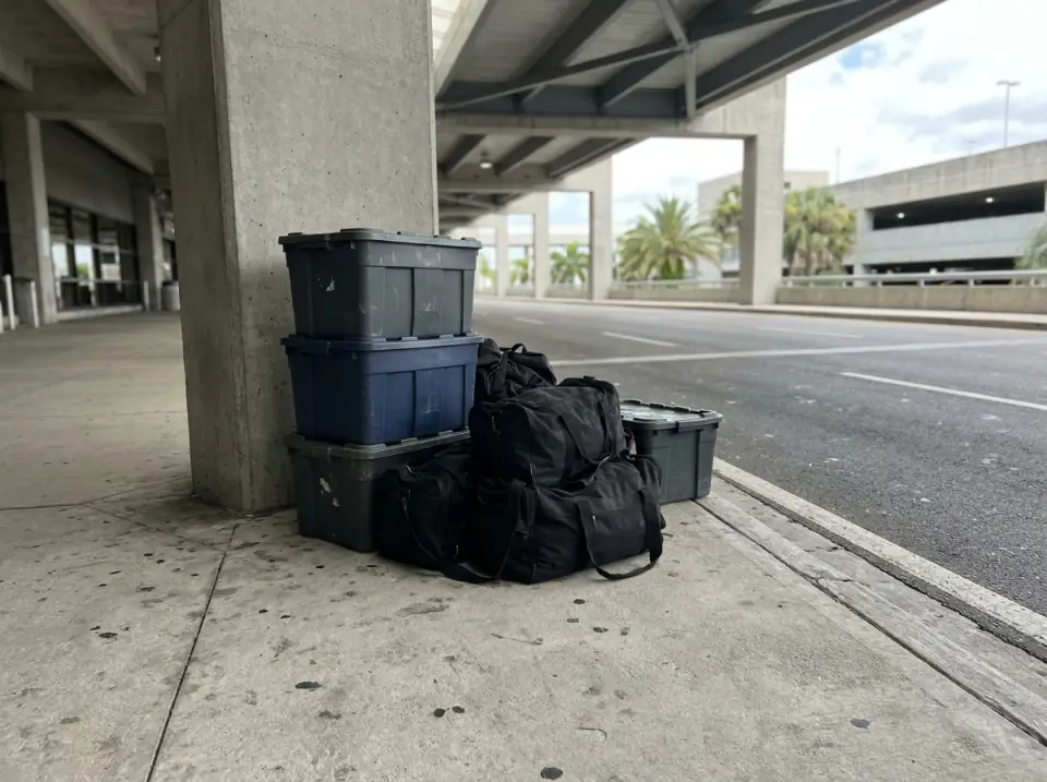 Illustration of black duffel bags and stacked plastic supply totes waiting on an airport departures curb under a terminal canopy