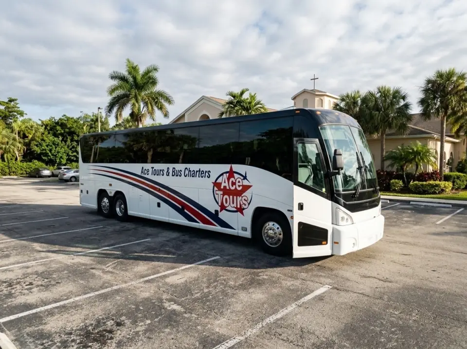 Illustration of a white Ace Tours & Bus Charters motorcoach waiting in a church parking lot with palm trees in the early morning, its door open