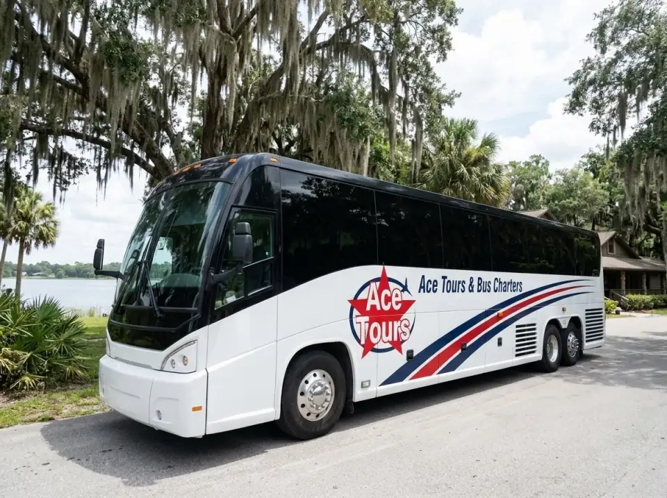 Illustration of a white Ace Tours & Bus Charters motorcoach parked at a lakeside retreat center in central Florida with oak trees and Spanish moss