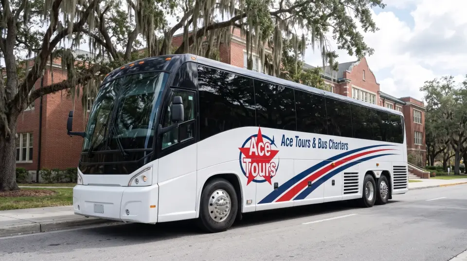 Illustration of a white Ace Tours & Bus Charters motorcoach parked at a curb beside red brick buildings under live oaks hung with Spanish moss