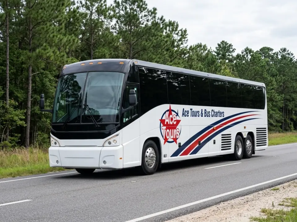 Illustration of a white Ace Tours & Bus Charters motorcoach on a four-lane interstate through tall north Florida pines