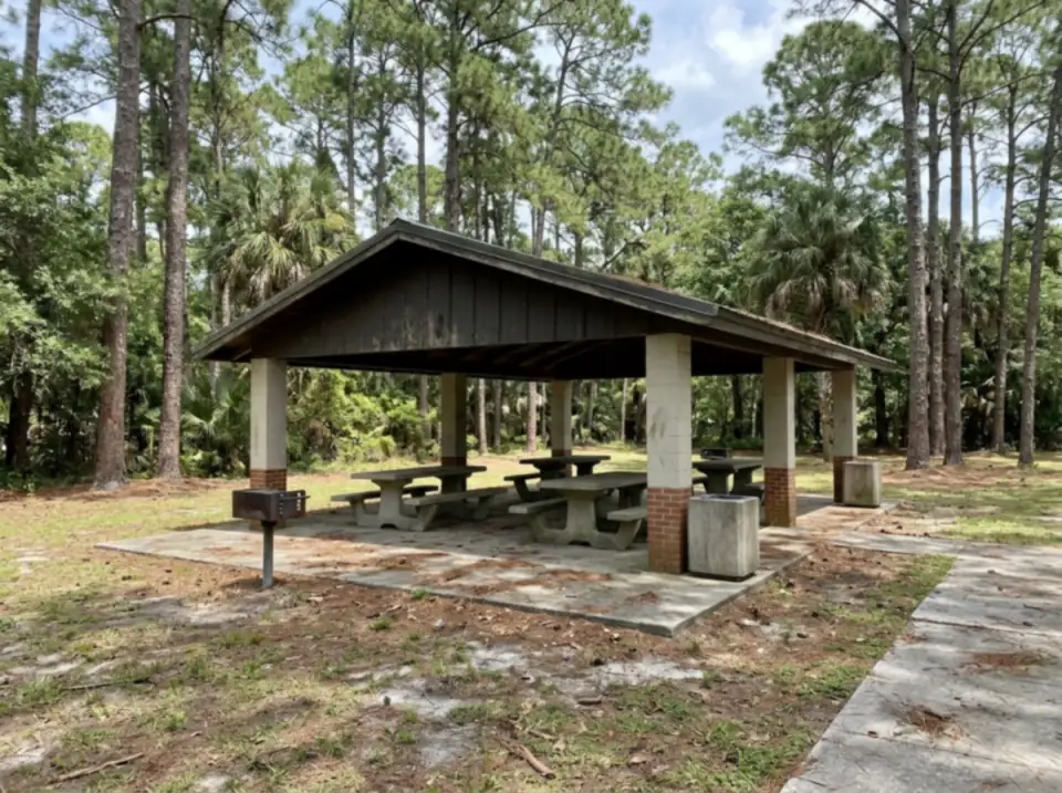 Illustration of a highway rest area picnic shelter with concrete tables under tall pines in north Florida